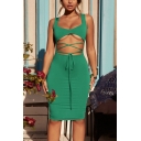 Womens Hot Trendy Sexy Tied Hollow Out Front Sleeveless Midi Plain Bodycon Dress