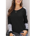 Leisure Women's Tee Top Contrast Panel Leopard Print Round Neck Long Sleeves Regular Fitted T-Shirt