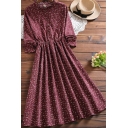 Casual Womens Dress Ditsy Floral Print Long Sleeve Crew Neck Button Up Midi A-line Pleated Dress
