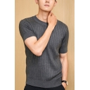 Trendy Men's Tee Top Ribbed Knit Solid Color Round Neck Short Sleeves Regular Fitted T-Shirt