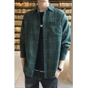 Casual Men's Shirt Plaid Pattern Chest Pocket Button Closure Spread Collar Long Sleeves Relaxed Fit Shirt