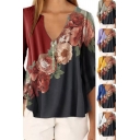 Fancy Women's Shirt Blouse Contrast Panel Floral Print V Neck Long Sleeves Regular Fitted Pullover Shirt Blouse