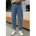 Men's Popular Fashion Letter Printed Drawstring Cuffs Light Blue Relaxed Fit Casual Jeans