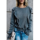 Trendy Women's Sweater Solid Color Ribbed Trim Round Neck Ruffles Hem Long Flare Cuff Sleeves Regular Fitted Pullover Sweater