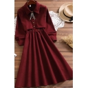 Fancy Ladies Dress Solid Color Long Sleeve Point Collar Button Up Mid A-line Pleated Dress