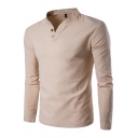 Trendy Men's T-Shirt Solid Color Button Detail Stand Collar Long Sleeves Regular Fitted Tee Top