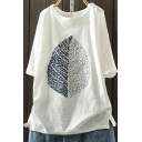 Simple Girls Tee Top Leaf Printed Short Sleeve Crew Neck Loose Fit T-shirt in White