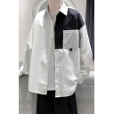 Trendy Men's Shirt Contrast Panel Color Block Chest Pocket Button Fly Turn-down Collar Long Sleeves Relaxed Fit Shirt