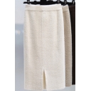Leisure Women's Skirt Solid Color Fur Fleece Split Back Elastic Waist Midi Tube Skirt