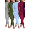 Stylish Womens Co-ords Solid Color Long Sleeve Crew Neck Fitted Tee & Pants Co-ords