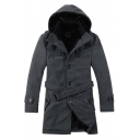 Casual Men's Jacket Solid Color Button Closure Long Sleeves Stand Collar Hooded Jacket with Waist Belt