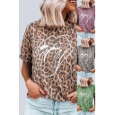 Casual Women's Tee Top Leopard Lip Print Round Neck Short Sleeves Regular Fitted T-Shirt