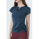 Leisure Women's Training Tee Top Zip Front Round Neck Short Sleeves Ruched Side Regular Fitted T-Shirt