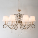 Brushed Silver Swirl Chandelier Light Antique Metal Dining Room Pendant with Fabric Shade and Crystal Drop