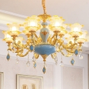 Floral Chandelier Light European Style Frost Glass Hanging Ceiling Light with Crystal Accent