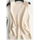 Fancy Women's Knit Vest Plain Ribbed Trim High-Low Front Pocket Sleeveless Regular Fitted Pullover Knit Vest