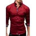 Stylish Men's Shirt Contrast Trim Button Fly Turn-down Collar Long Sleeves Slim Fitted Shirt