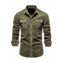 Fancy Men's Shirt Solid Color Flap Chest Pocket Button Fly Turn-down Collar Long Sleeves Regular Fitted Shirt
