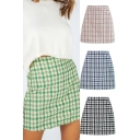 Pretty Girls Skirt High Rise Plaid Pattern Short A-line Wool Skirt