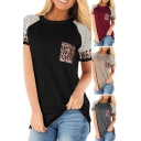 Leisure Women's T-Shirt Contrast Panel Stripe Leopard Print Chest Pocket Round Neck Raglan Short Sleeves Regular Fitted Tee Top