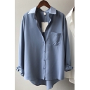 Basic Women's Shirt Blouse Plain Button Closure Chest Pocket Spread Collar Long Sleeves Relaxed Fit Shirt Blouse