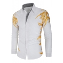 Basic Mens Shirt Hot Stamping Printed Long Sleeve Spread Collar Button-up Fitted Shirt Top