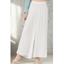 Womens Vintage Pants Solid Color Linen and Cotton Elastic Waist Long Wide-leg Pants