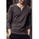 Trendy Mens T Shirt Solid Color Long Sleeve V-neck Button Up Regular Tee Top