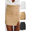 Elegant Ladies Skirt Solid Color High Rise Slit Side Button Up Short Tight Skirt