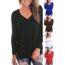 Basic Women's Tee Top Solid Color V Neck Long Sleeves Bottoming T-Shirt
