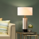 White Drum Shade Table Lamp Minimalist 1-Light Fabric Night Lighting with Hexagonal Column