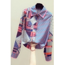 Unique Women's Shirt Polka Dot Graphic Pattern Contrast Panel Button Fly Point Collar Long Sleeves Regular Fitted Shirt