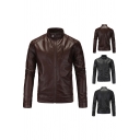 Fancy Men's Leaher Jacket Solid Color Zip Placket Stand Collar Long Sleeves Regular Fitted Leather Jacket
