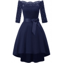 Boutique Womens Dress Lace Panel Half Sleeve Off Shoulder Bow-tied Waist Solid Midi Flared Dress