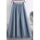 Leisure Women's Skirt Mesh-Gauze Patchwork Elastic Waist Glitter Pearl Embellished Midi Pleated A-Line Skirt