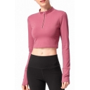 Gym Womens T Shirt Solid Color Long Sleeve Stand Collar Zip Up Fit Crop Tee