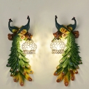 Multicolored Peacock Sconce Light Fixture Decorative Resin 1 Bulb Living Room Wall Light with Crystal Lantern