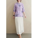 Vintage Women's Set Tribal Floral Pattern Horn Button Wrap Front Mock Neck Half Sleeves Tee Top with Solid Color Mesh Gauze Long Skirt Co-ords