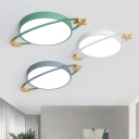 Kid Ringed Planet LED Flush Light Acrylic Childrens Bedroom Ceiling Lamp with Wood Star and Moon Deco