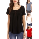 Basic Women's Tee Top Plain Button Detail Round Neck Short Sleeves Relaxed Fit T-Shirt