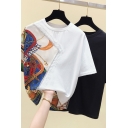 Leisure Women's T-Shirt Contrast Panel Graphic Pattern Round Neck Short Sleeves Regular Fitted Tee Top