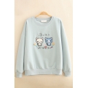 Preppy Style Cartoon Cat Floral Pattern Long Sleeves Round Neck Pullover Sweatshirt
