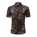 Mens Vintage Shirt Flower Printed Short Sleeve Turn Down Collar Button Up Slim Fitted Shirt Top in Black