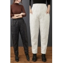 Fancy Women's Pants Solid Color Quilted Elastic Waist Fleece Lined Brushed Full Length Tapered Pants