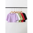 Basic Women's Tee Top Solid Color Round Neck Drawstring Hem Short Sleeves Relaxed Fit Crop Top