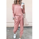 Leisure Women's Set Solid Color Round Neck Long Sleeves Regular Fitted T-Shirt with Drawstring Waist Long Pants Co-ords