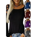 Fancy Women's Tee Top Hollow out Boat Neck Long Sleeves Slim Fitted T-Shirt