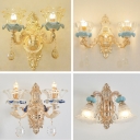 Traditional Flower Wall Lighting Carved Glass Sconce Lamp with K9 Crystal in Gold