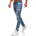 Fancy Men's Jeans Faded Wash Zip Detail Drawstring Elastic Waist Long Banded Cuffs Long Straight Jeans