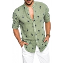 Mens New Trendy Allover Flamingo Printed Long Sleeve Slim Linen Button Shirt